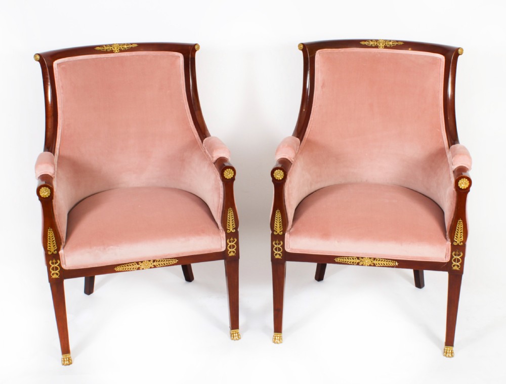 Antique Pair French Empire Revival Ormolu Mounted Armchairs C1870 19th C
 View XX