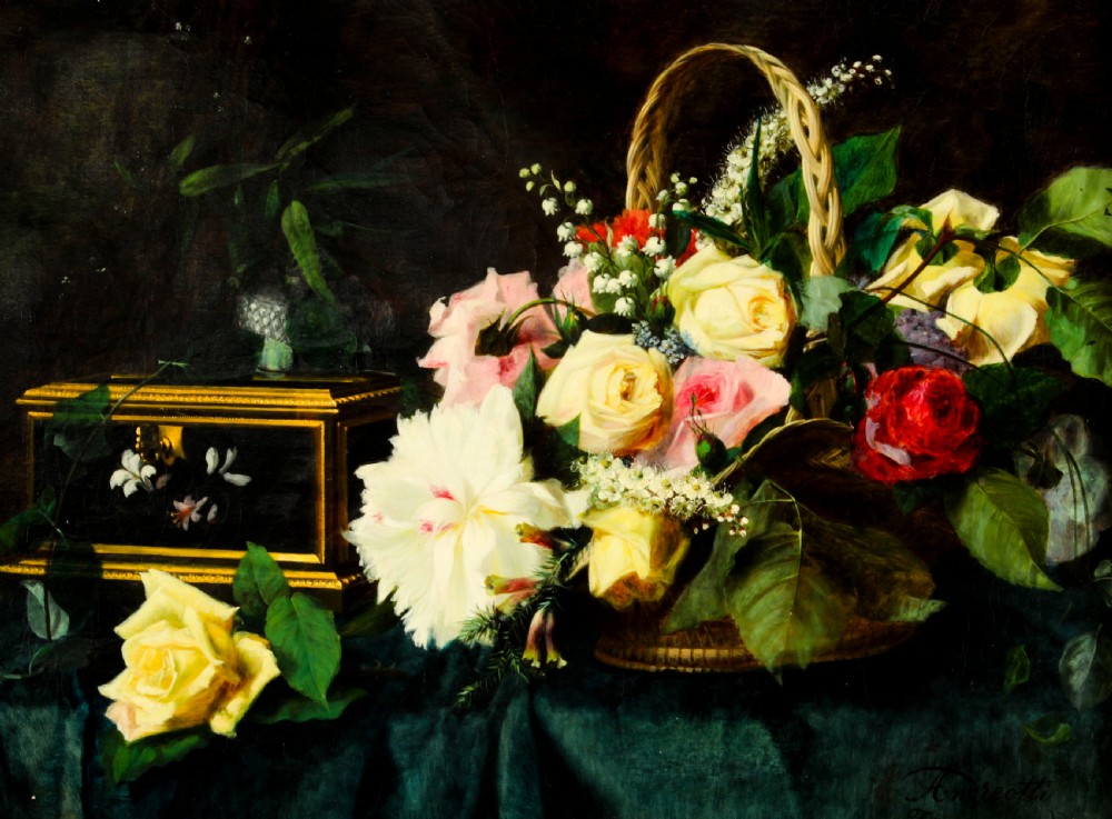 Antique Oil Painting Flowers by Andreotti - Florentine Giltwood Frame 19th C
 View II