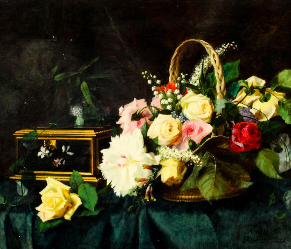 Antique Oil Painting Flowers by Andreotti - Florentine Giltwood Frame 19th C
 View III