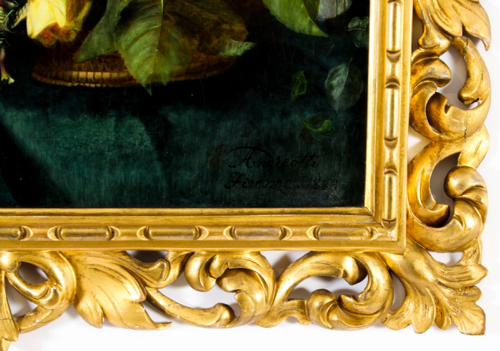 Antique Oil Painting Flowers by Andreotti - Florentine Giltwood Frame 19th C
 View V