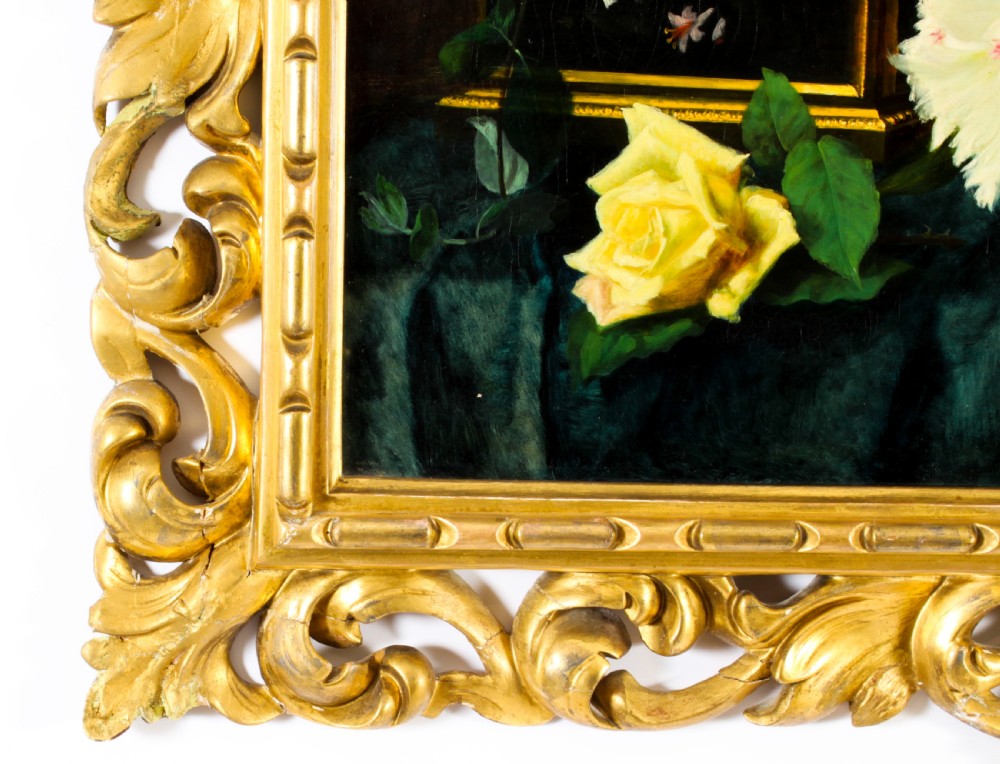 Antique Oil Painting Flowers by Andreotti - Florentine Giltwood Frame 19th C
 View X