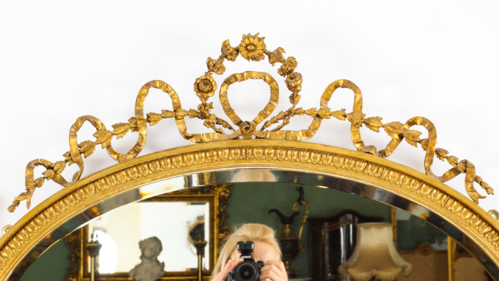 Antique Sheraton Revival Hand Carved Giltwood Oval Mirror 19th Century
 View II