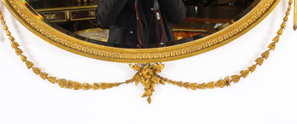 Antique Sheraton Revival Hand Carved Giltwood Oval Mirror 19th Century
 View V