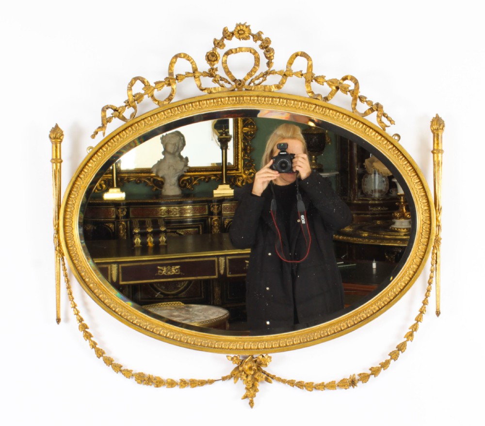 Antique Sheraton Revival Hand Carved Giltwood Oval Mirror 19th Century
 View IX