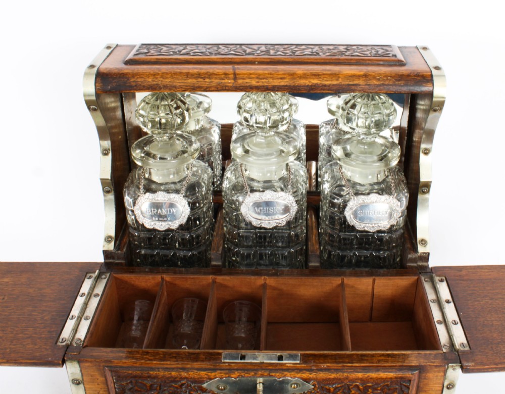 Antique English Victorian Golden Oak 3 Crystal Decanter Tantalus Dry Bar 19th C
 View XII