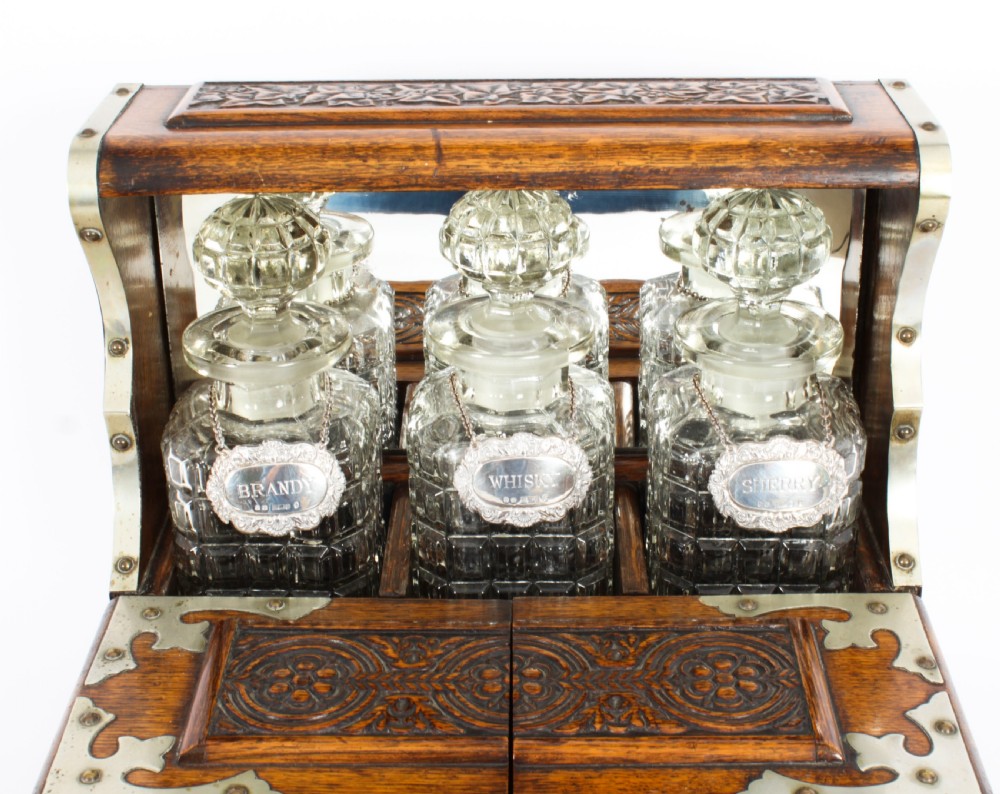 Antique English Victorian Golden Oak 3 Crystal Decanter Tantalus Dry Bar 19th C
 View XIV