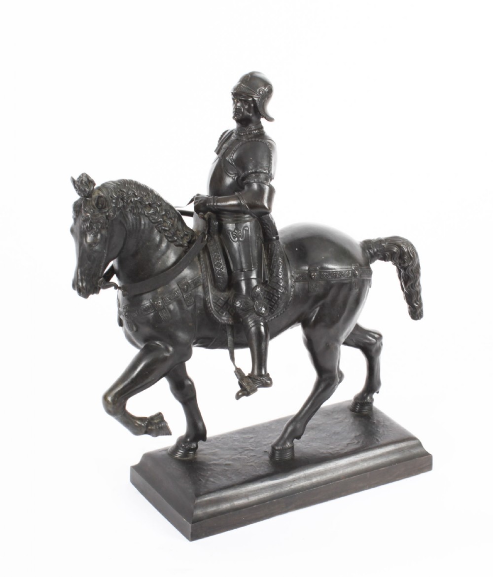Antique Patinated Bronze Equestrian Statue of Bartolomeo Colleoni 1860 19th C
