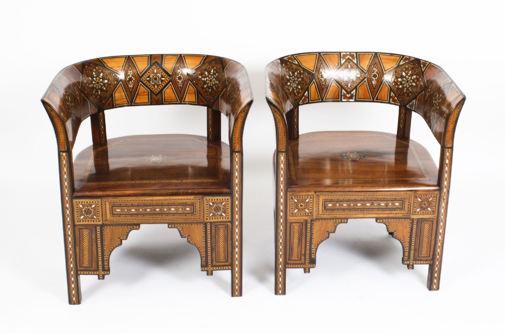 Antique Pair Syrian Parquetry Inlaid Armchairs 19th C
