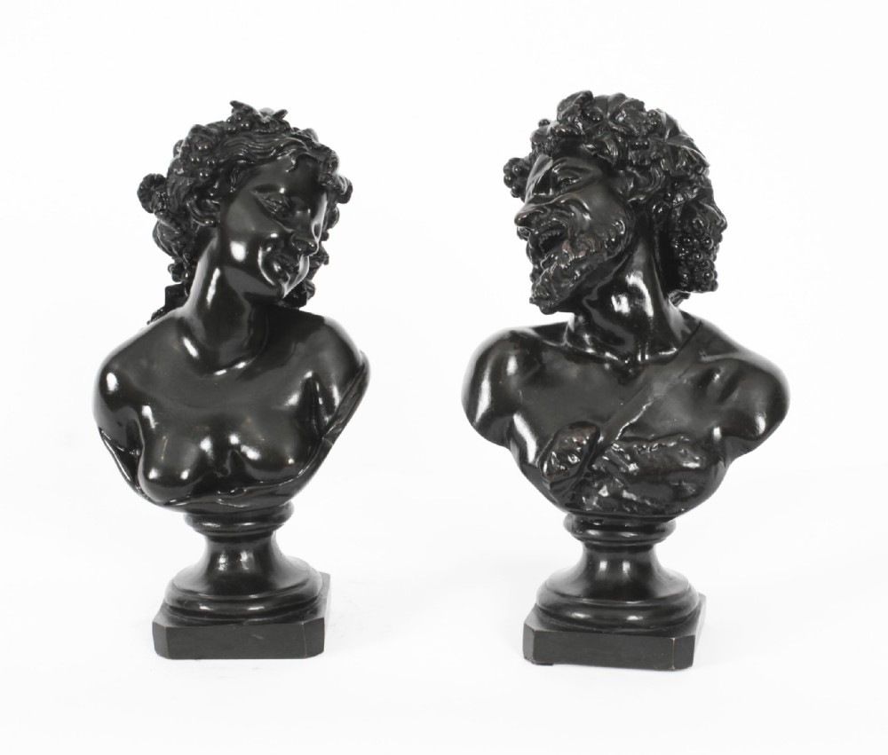 Antique Pair Italian Bronze Busts Dionysus and Ariadne by Clodion 18th C
