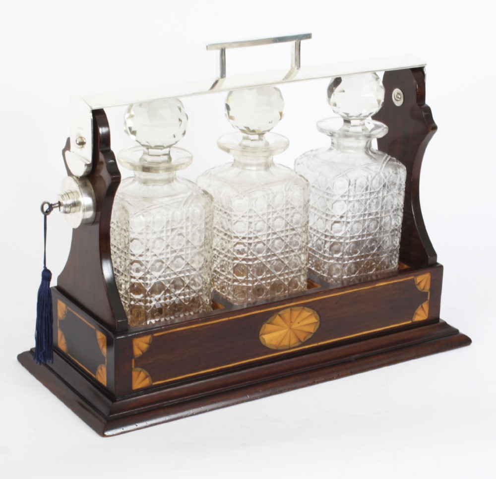Antique Inlaid Walnut Three Cut Crystal Decanter Tantalus C1870 19th C
