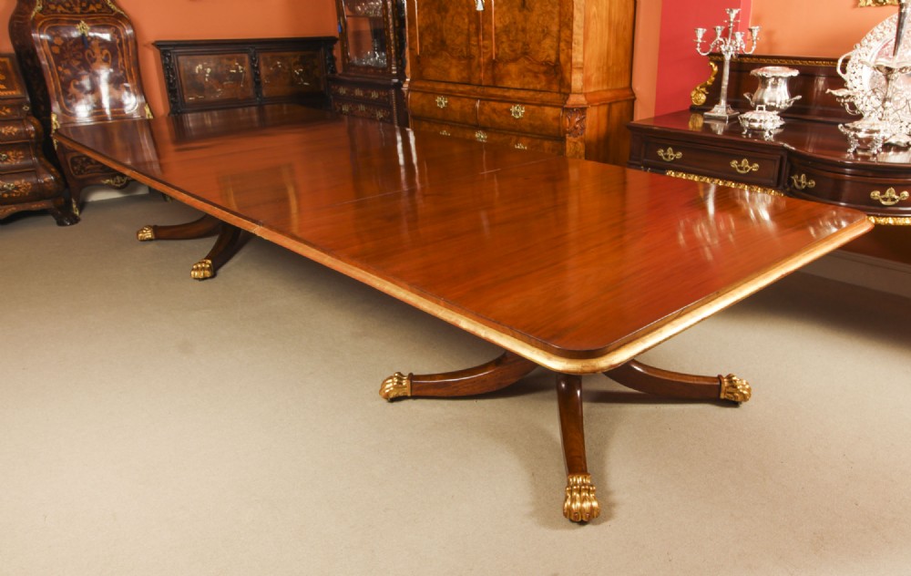 Antique Irish Regency Twin Pillar Mahogany Parcel-Gilt Dining Table C1820 19th C