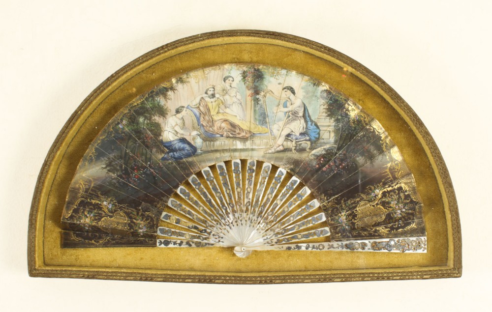Antique French Framed Hand-Painted Fan Gilded Box Frame Late 18th Century