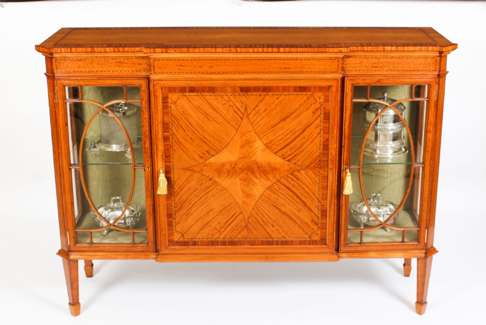 Antique Victorian Satinwood Breakfront Display Cabinet 19th C View II