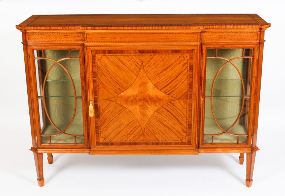 Antique Victorian Satinwood Breakfront Display Cabinet 19th C View III