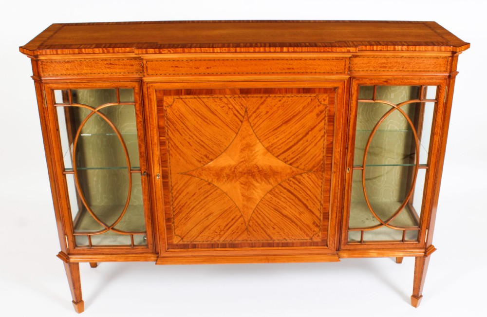 Antique Victorian Satinwood Breakfront Display Cabinet 19th C View VIII