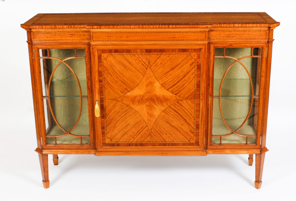 Antique Victorian Satinwood Breakfront Display Cabinet 19th C View XVI