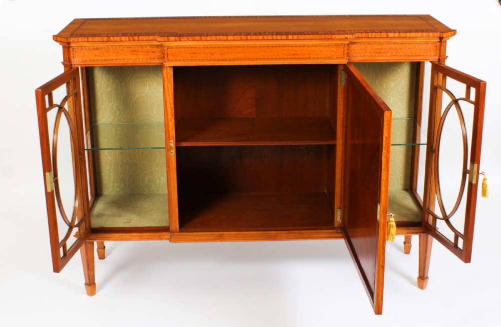 Antique Victorian Satinwood Breakfront Display Cabinet 19th C View XVII
