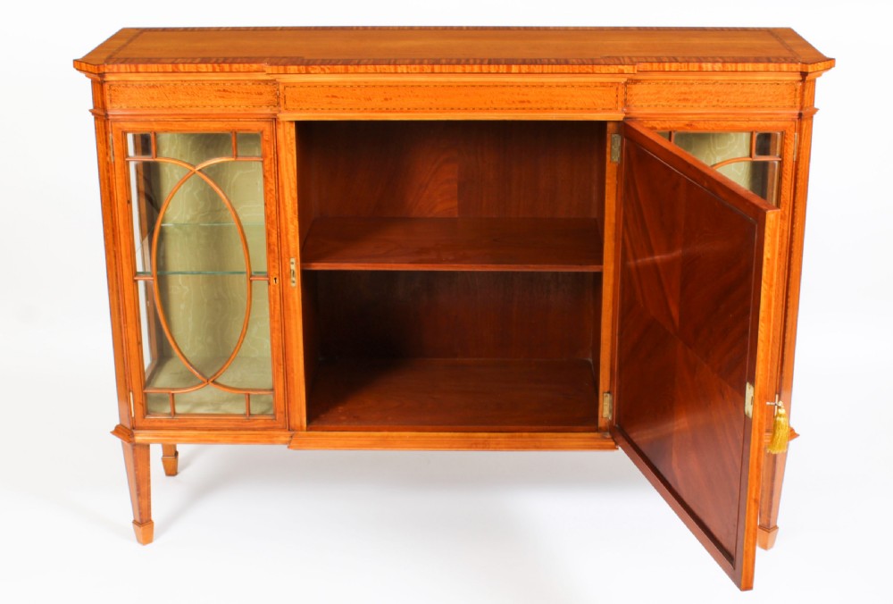 Antique Victorian Satinwood Breakfront Display Cabinet 19th C View XVIII