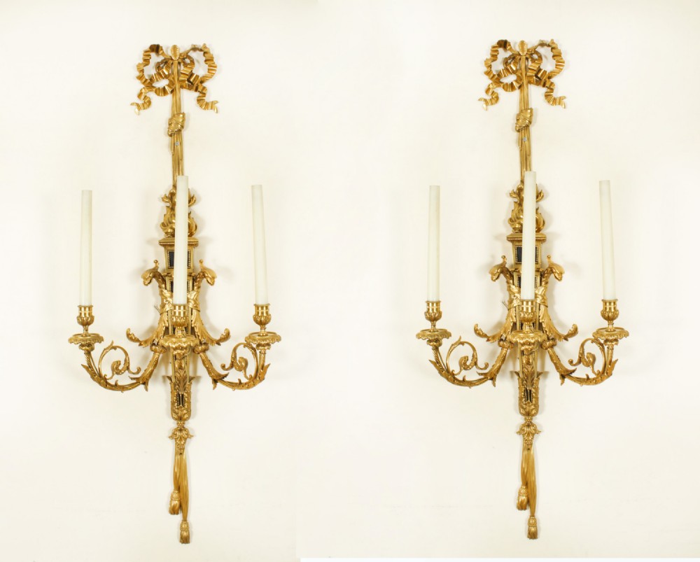 Antique Monumental Pair 4ft Ormolu Three Branch Wall Lights Appliques 19th C