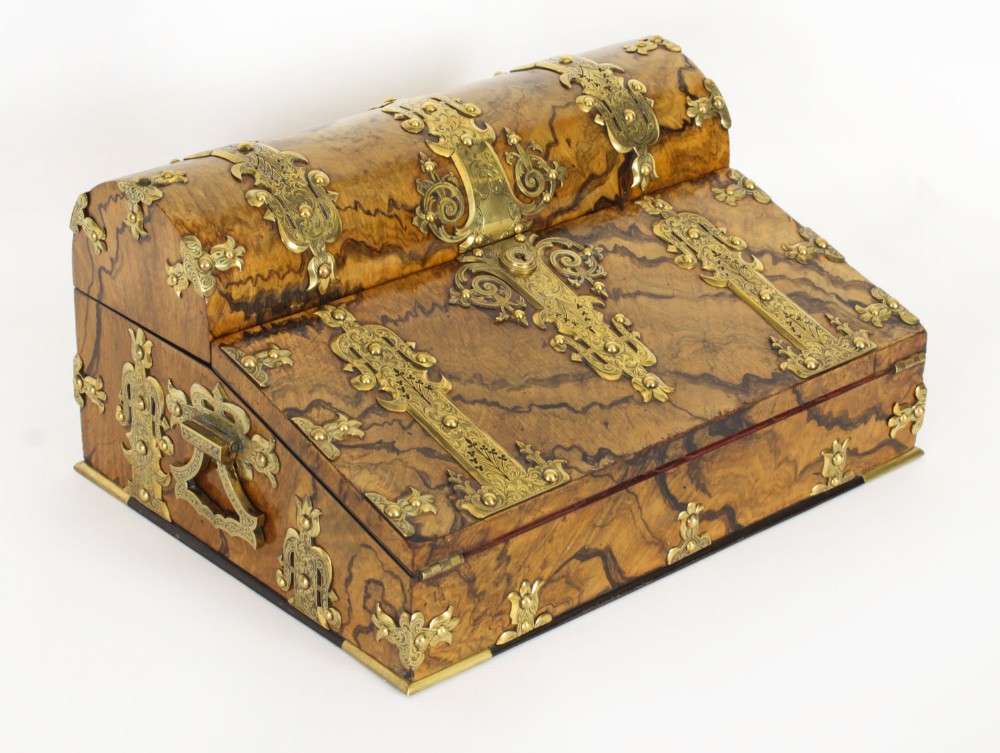 Antique Burr Walnut Writing Slope Lap Desk Set Sampson Mordan & Co C1870
