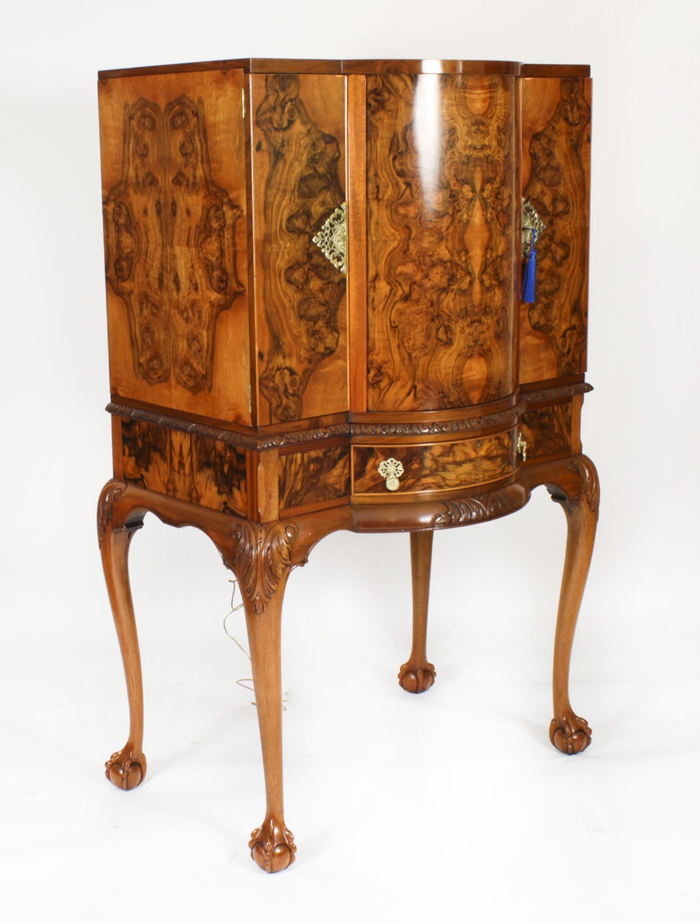 Antique Burr Walnut Cocktail Drinks Dry Bar Cabinet & Glassware C1920