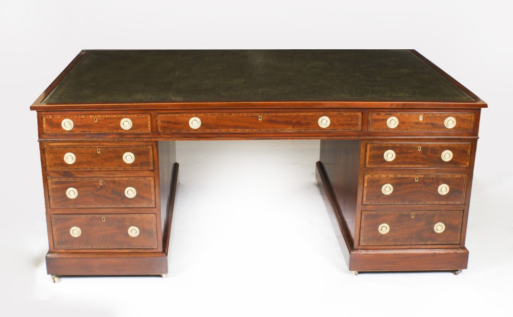 Antique 6ft George III Mahogany Crossbanded Partners Pedestal Desk 19th C