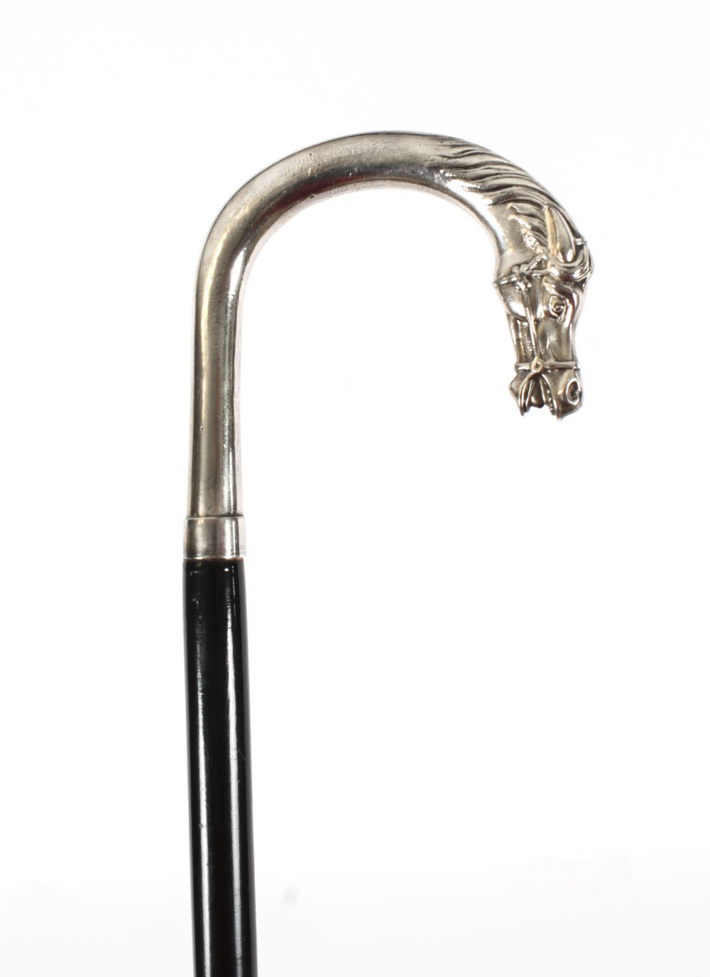 Antique French Silver Plate Horse Ebonized Walking Cane Stick Late 19th C