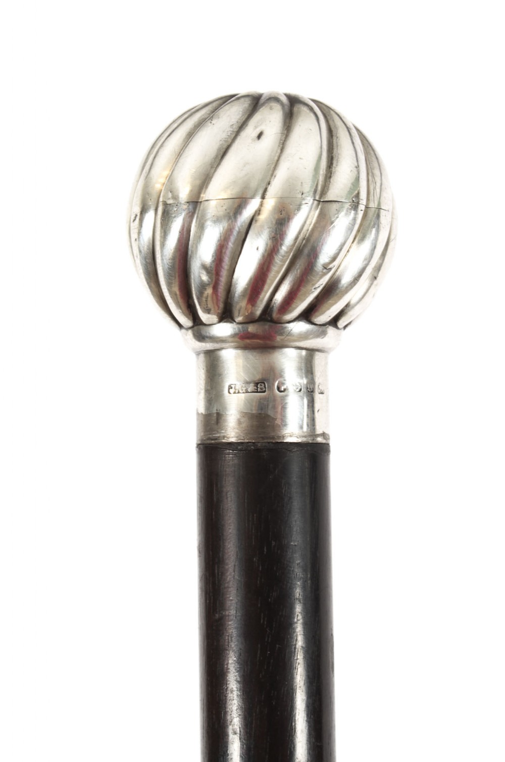 Antique English Silver Ebonized Walking Stick Cane by John Grinsell dated 1886