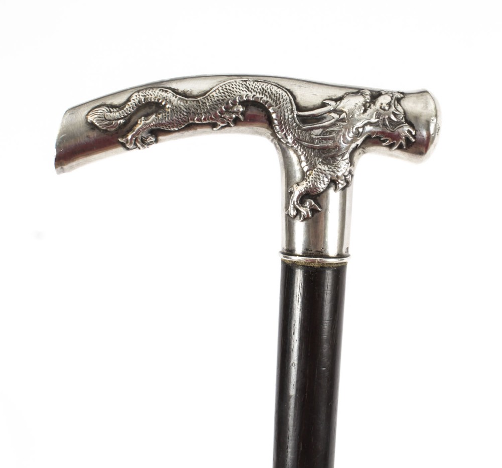 Antique Dragon Chinese Silver Walking Stick Cane C1880