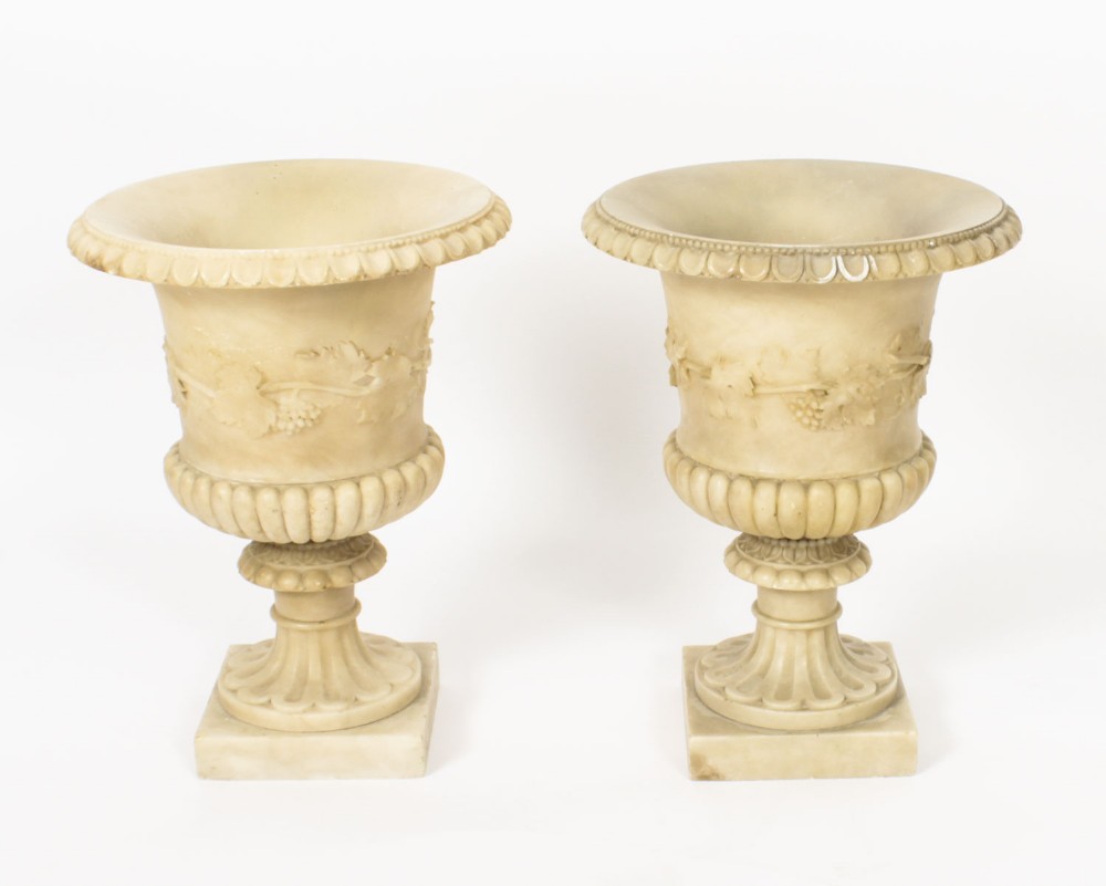 Antique Pair Grand Tour Alabaster Campana Urns 19th C
