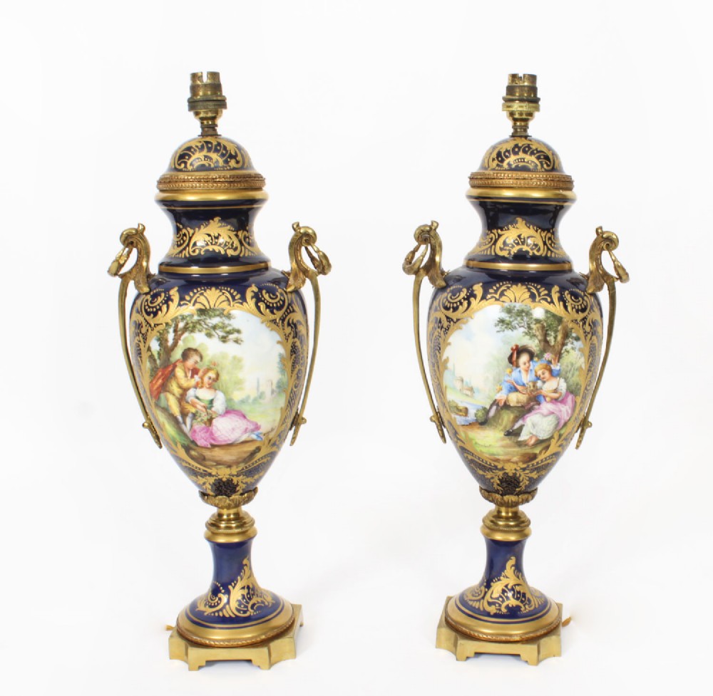 Antique Pair Large French Cobalt Blue Sevres Style Vases Lamps 19th C
