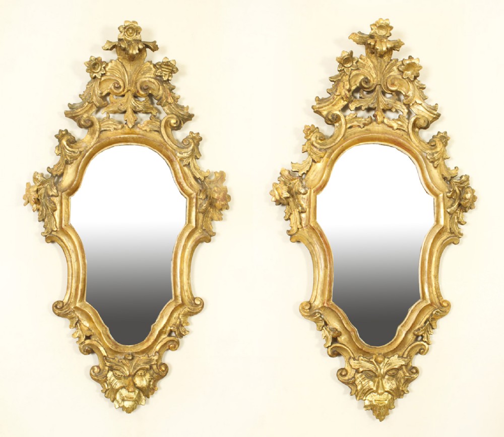 Antique Pair Florentine Rococo Giltwood Mirrors 19th Century 77x42cm