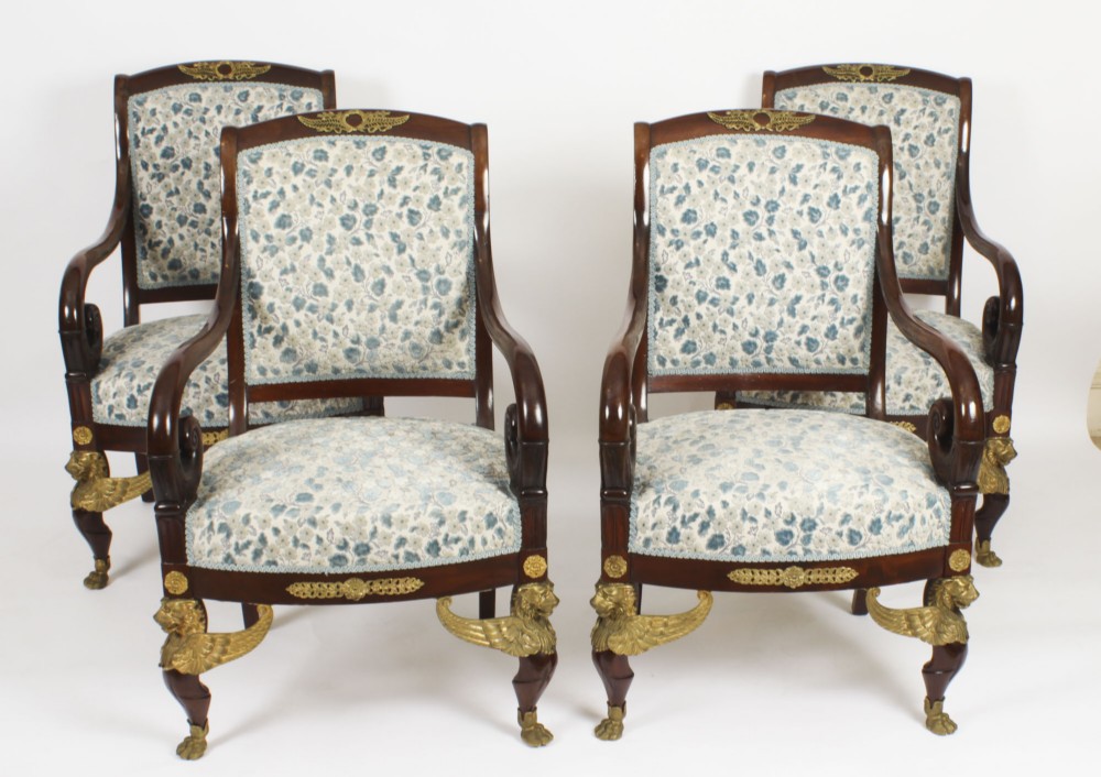 Antique Set 4 Ormolu Mounted Armchairs Empire Revival C1870 19th C