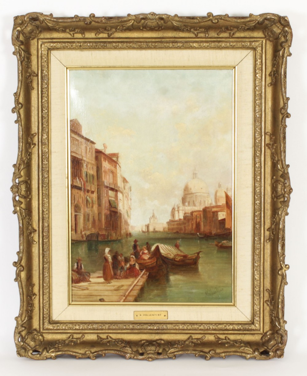 A 19th-century oil painting by Alfred Pollentine depicting the Grand Canal in Venice, presented in an ornate gilded frame.