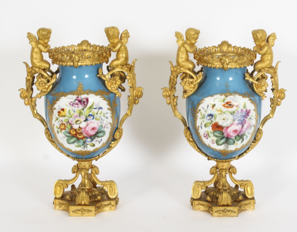 Antique Pair Bleu Celeste Sevres Porcelain Gilt Bronze Urns 19th C