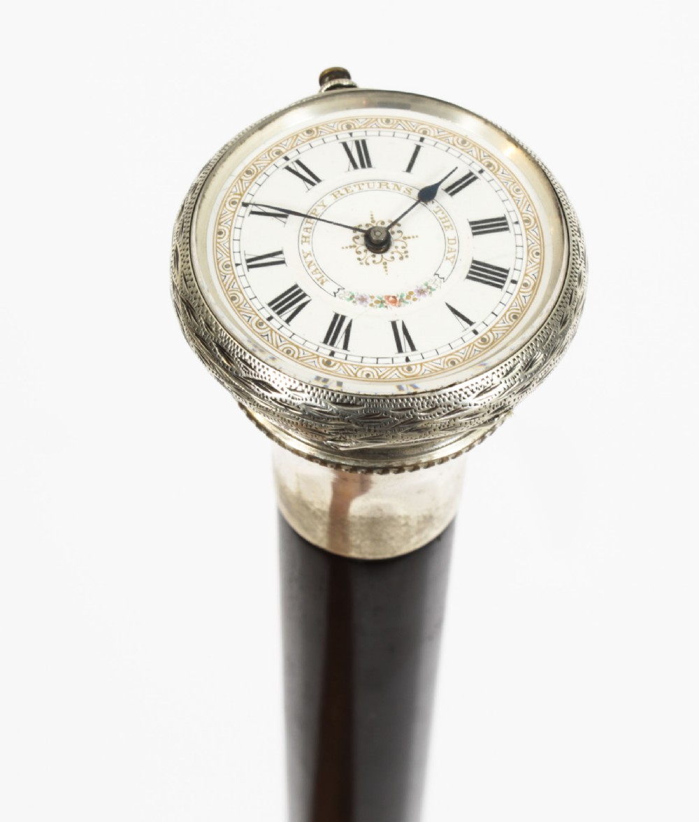 Antique Silver & Ebonised Watch Opera Cane Walking Stick 19th C