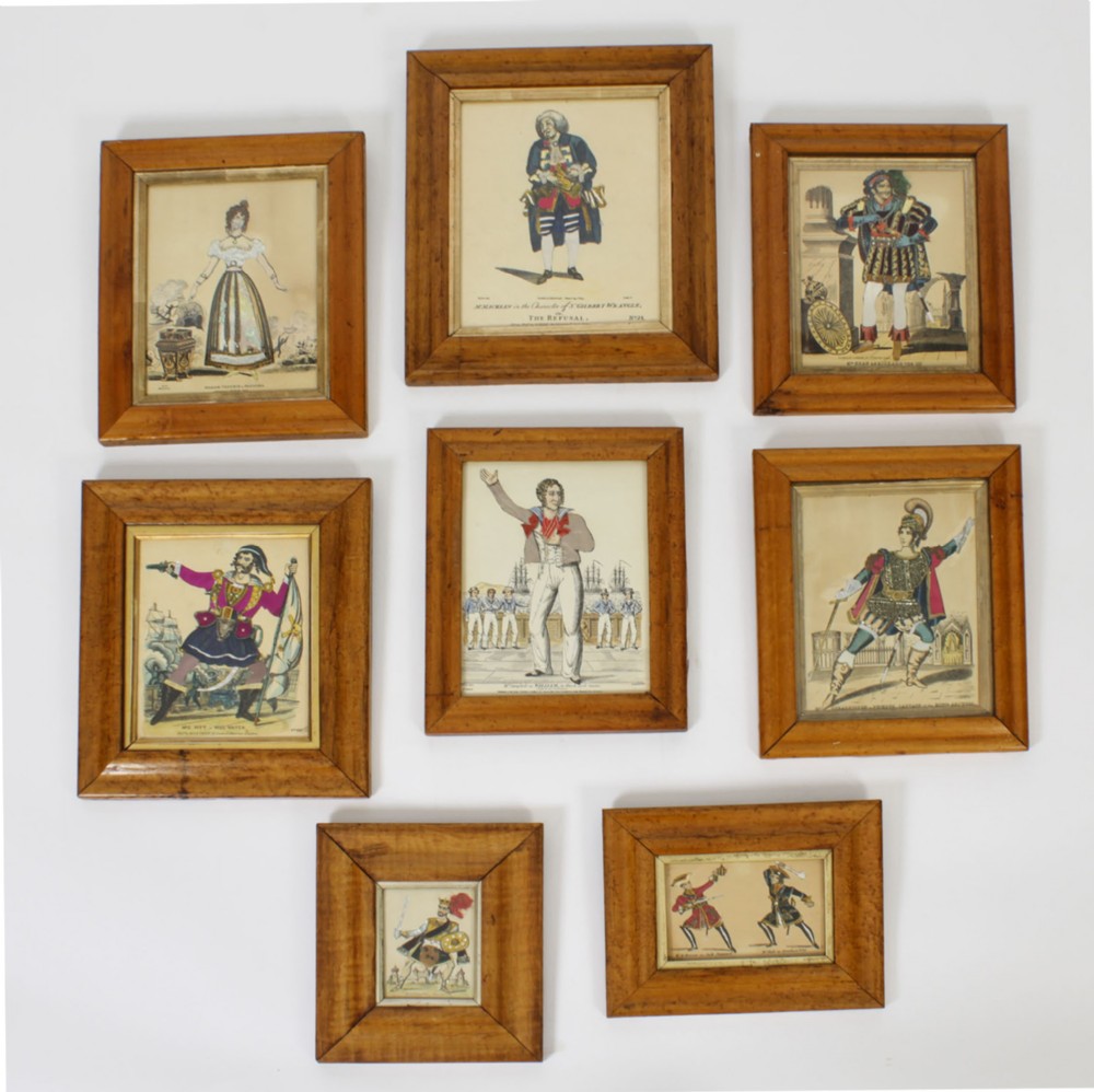 Set of 8 Antique Hand-Tinted Engravings of Theatrical Characters 19th C