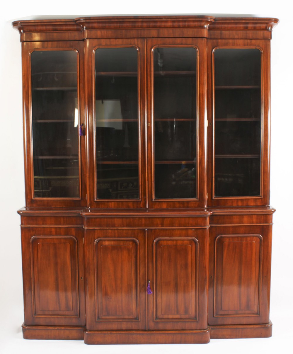 Antique Victorian Figured Walnut four door Breakfront Bookcase 19th C
