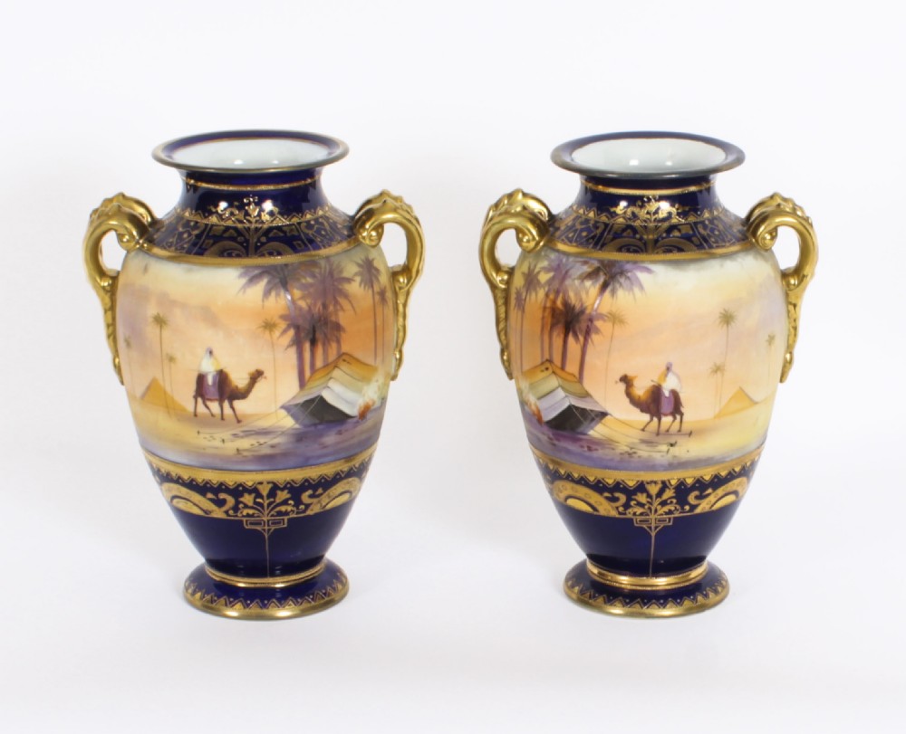 Antique Pair Taisho Period Noritake Hand Painted Porcelain Vases C1920
