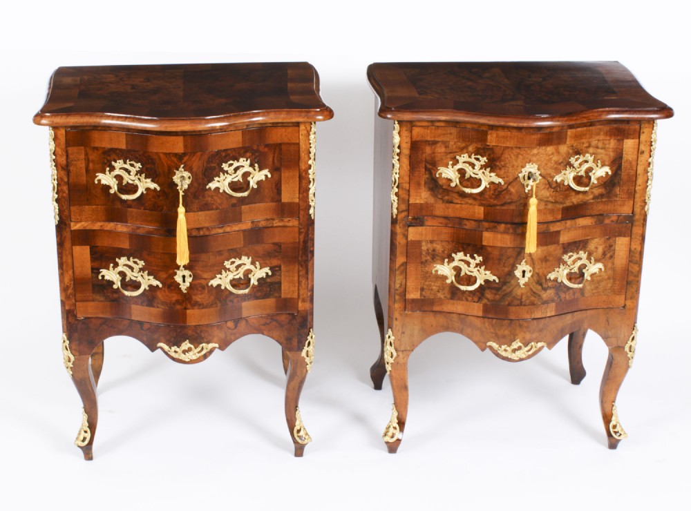 Antique Pair Italian Burr Walnut Serpentine Bedside Chests 19th C