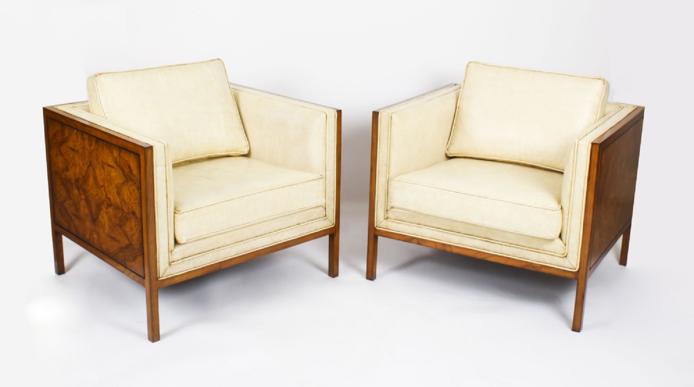 Antique Pair Art Deco Burr Walnut & Cream Leather Armchairs Circa 1920