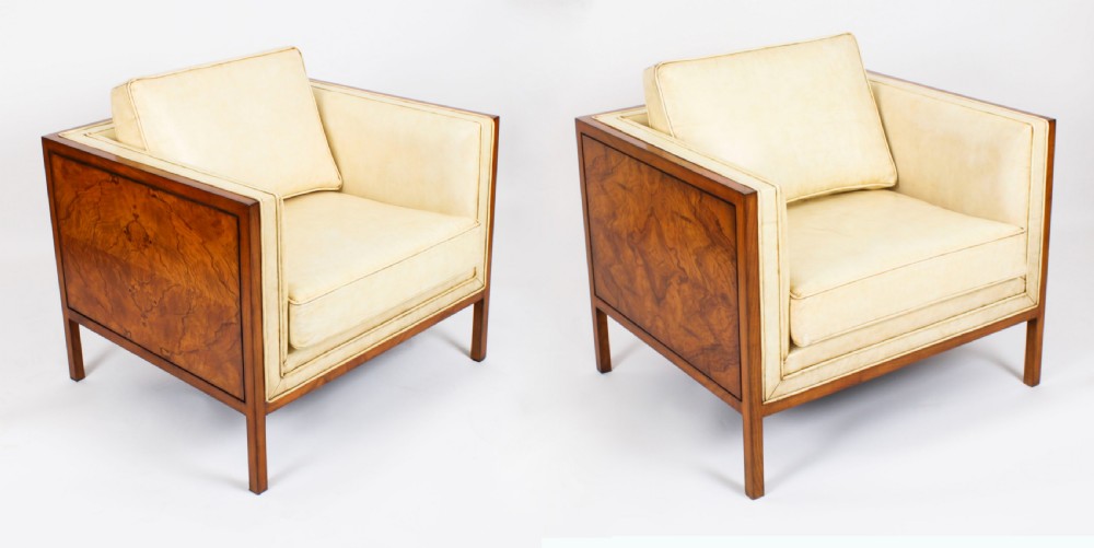 Antique Pair Art Deco Burr Walnut & Cream Leather Armchairs Circa 1920 View II