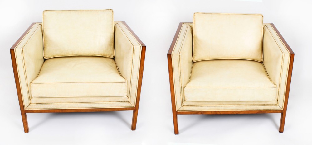 Antique Pair Art Deco Burr Walnut & Cream Leather Armchairs Circa 1920 View III