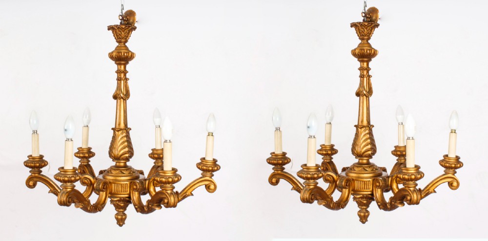 Antique Pair of Italian Giltwood Six Branch Chandeliers C1920