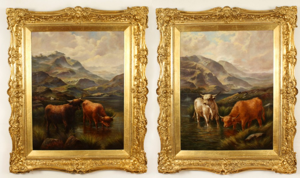 Antique Large Pair Scottish Highland Cattle Oil Paintings 3ft5 x 4ft2 19th C View XIX