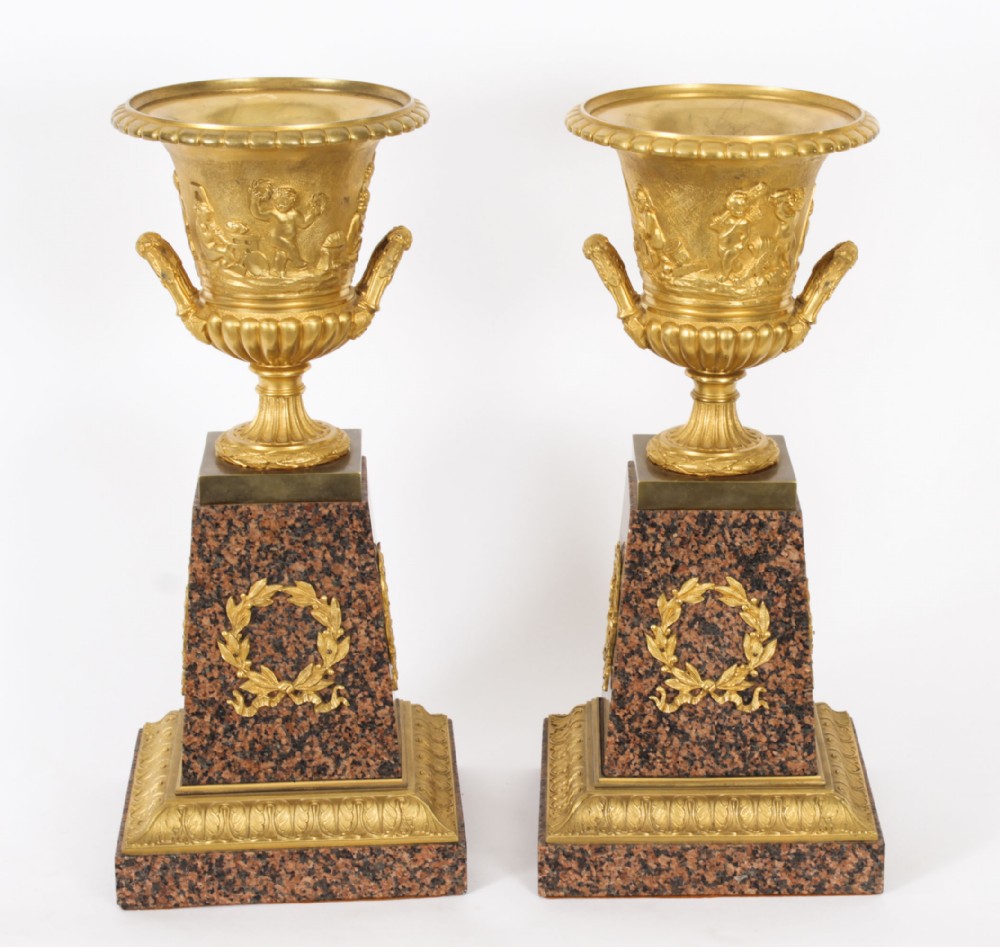 Antique Pair Large 16inch Grand Tour Gilt Bronze Campana Urns Circa 1920