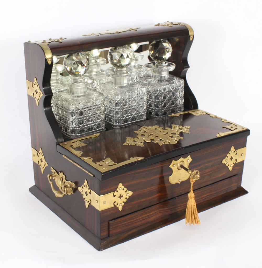 Antique Coromandel Three Crystal Decanter Tantalus & Games Drawer 19th C