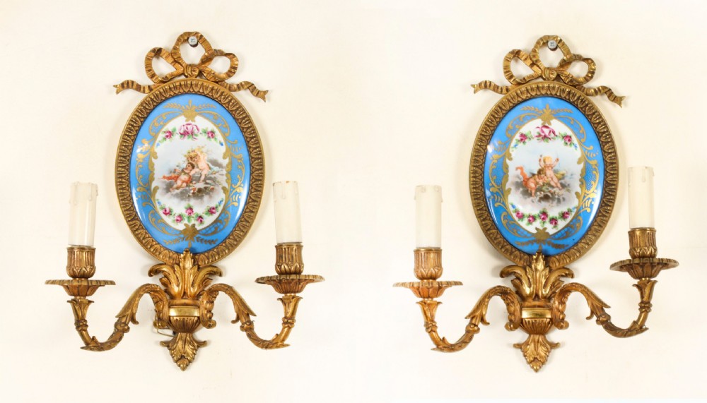 Antique Pair Ormolu & Sevres Porcelain Two Branch Wall Lights Sconces 19th C