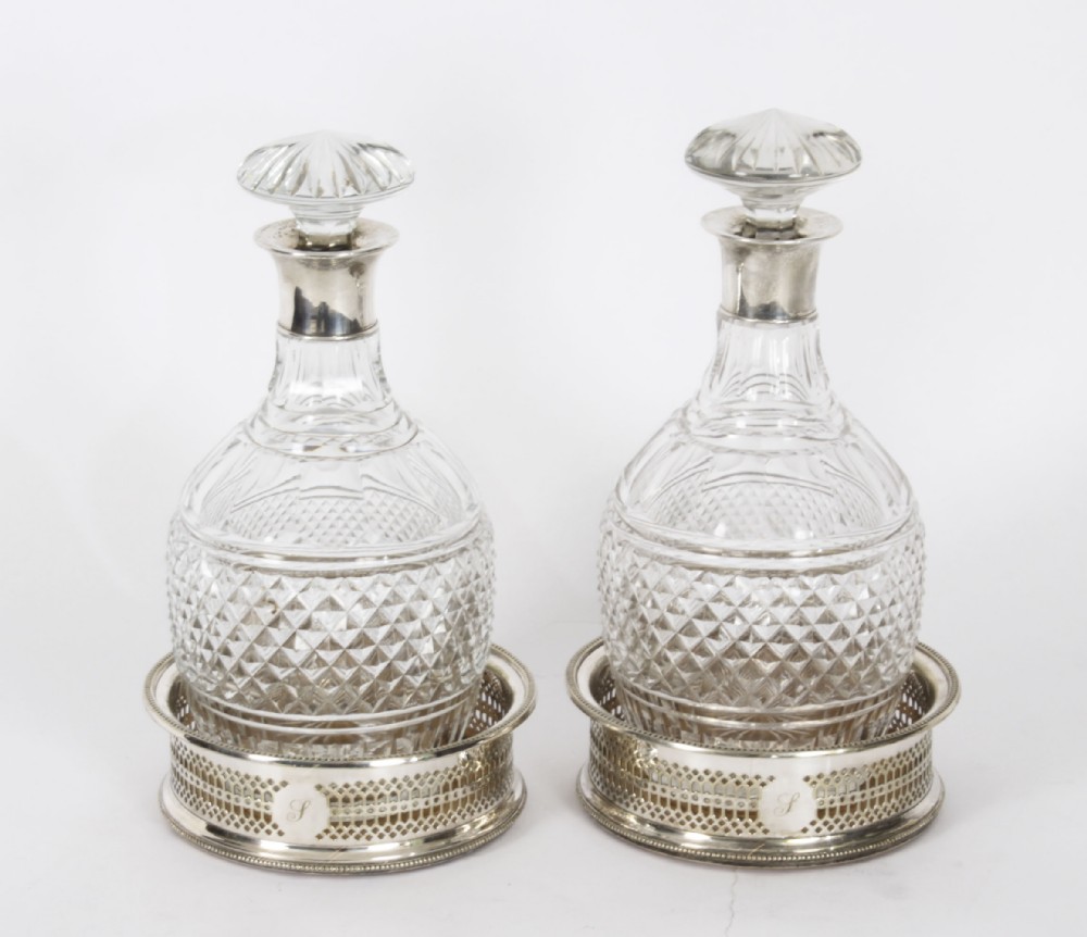 Antique Pair of Cut Crystal Glass Decanters Coaster set 19th Century
