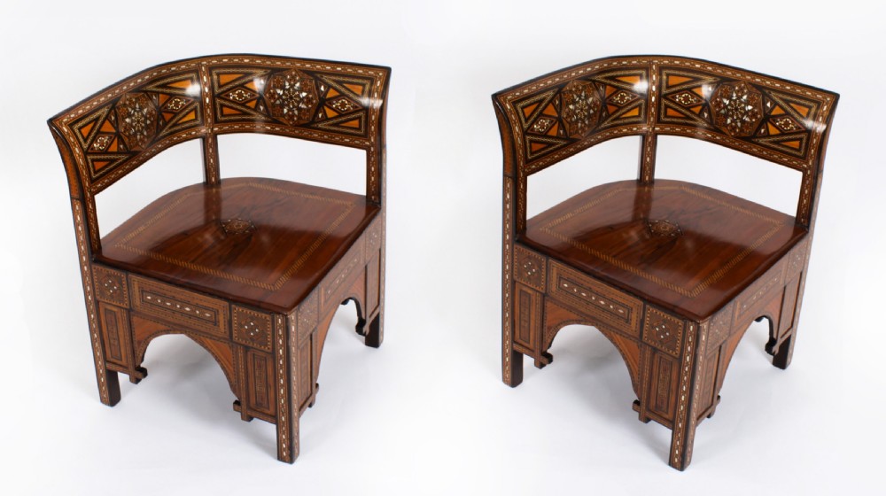 Antique Pair of Syrian Parquetry Inlaid Armchairs C1900